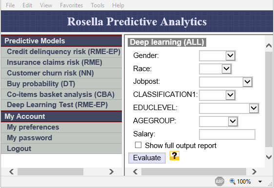 predictive model input screen.